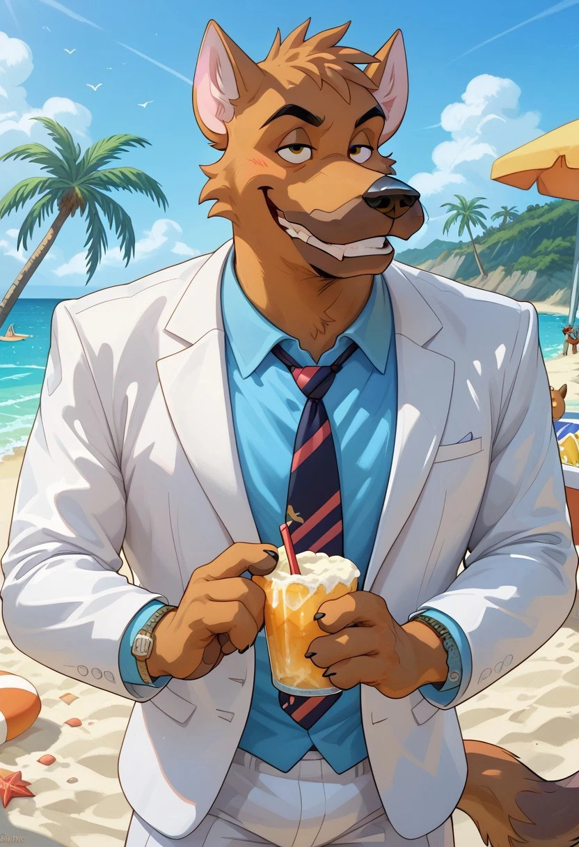 score_9, score_8_up, score_7_up, (AceHart), german shepherd, solo, 1boy, ((expressive)), ((body movement, hand movement)), outdoors, in backroom, cocky smile, smile, teeth, holding dink in hand, chilling near beach bar, sunny, sand, beach scenery, blue shirt, white suit jacket, black tie, detailed bedroom, hi res, perfect face, best artwork, highly detailed