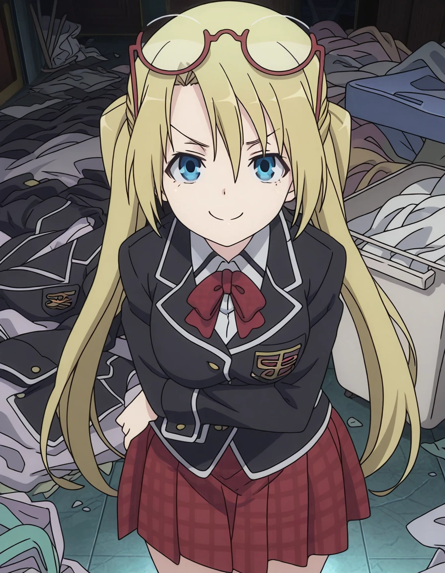 masterpiece, best quality, amazing quality,, <lora:selina-sherlock-s1-illustriousxl-lora-nochekaiser:1>, selina sherlock, long hair, blue eyes, blonde hair, twintails, glasses, eyewear on head, mature female, medium breasts, anime screencap, skirt, school uniform, blazer, black blazer, red bowtie, long sleeves, red skirt, pleated skirt, plaid skirt,, head rest, smug, messy room, clutter, clothes_on_floor, disorganization, laundry, cowboy shot, solo, looking at viewer