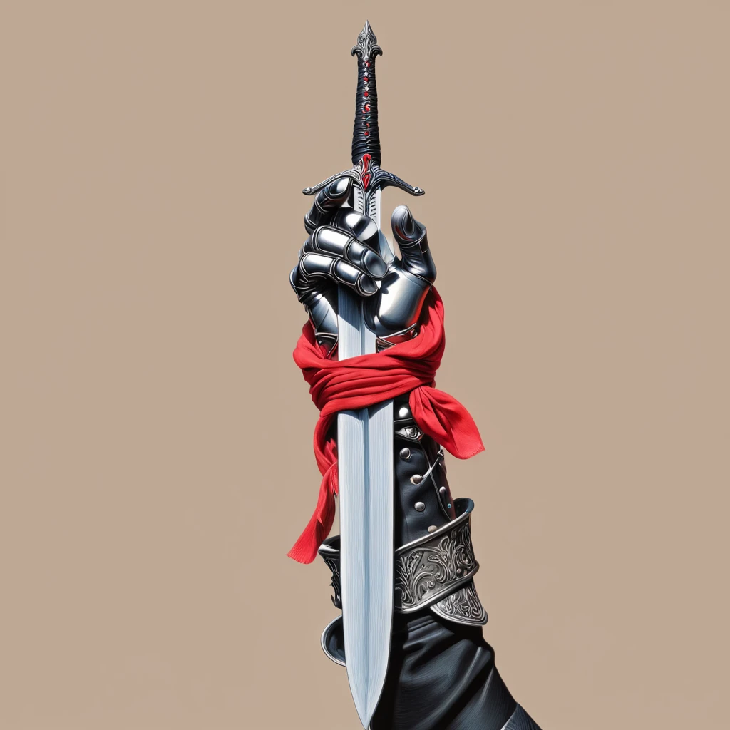 <lora:HyperdetailedRealismMJ7SDXL:1> ArsMJStyle, Colored pencil hyperdetailed realism,, The image is a digital illustration of a hand holding a sword. The hand is wearing a black glove with a red scarf tied around it. The scarf is draped over the handle of the sword with the red scarf covering the entire blade. The sword has a silver hilt with intricate designs and a red handle. The background is a light beige color and the hand is positioned in a way that the sword is pointing towards the viewer. The overall style of the illustration is dark and dramatic with bold lines and bright colors., weapon, sword, holding, holding sword, simple background, holding weapon, armor, gauntlets, solo, helmet