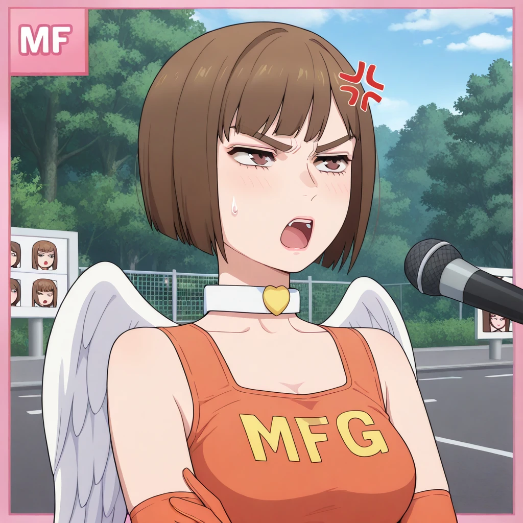 masterpiece, best quality, <lora:MFGhost Kyoko:1> kyoko kurihara, wing choker, mfg crop top, elbow gloves, medium breasts, leaderboard wall, portrait, crossed arms, annoyed, sweatdrop, anger vein, sky, forest, street, open mouth, microphone, interview, pink border,