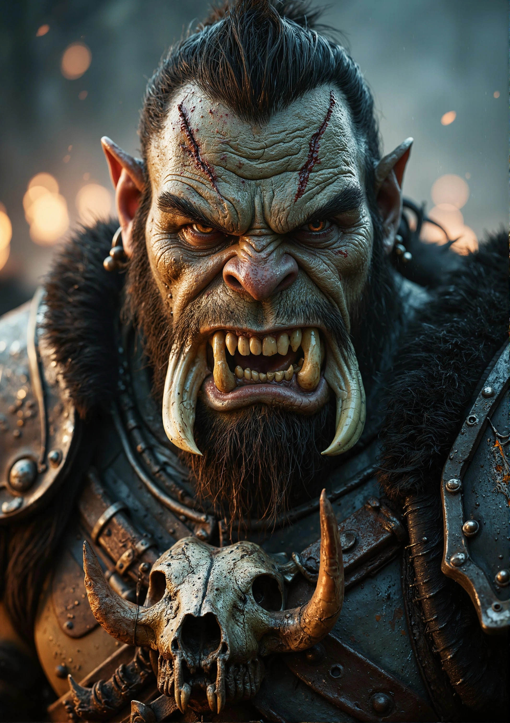 cinematic film still A ferocious orc warlord stares directly into the camera with piercing, glowing amber eyes that radiate barely contained rage and primal power. His face is rugged and brutal, with coarse, green-tinted skin densely textured with deep scars, weathered pores, and prominent veins—rendered in hyper-realistic detail. The lighting is cinematic and dramatic, casting subtle highlights across the contours of his heavy brow and massive jawline, accentuating the tension in his expression. His two massive tusks jut from his lower jaw, cracked and stained with age, each bearing signs of past conflict—one is chipped, the other engraved with faded runes. His lips curl into a grim snarl, revealing jagged yellowed teeth behind the tusks, each uniquely shaped with a natural irregularity. His nose is broad and flattened, with widened nostrils that flare slightly as if in anticipation of battle. The orc’s hair is coarse and black, slicked back into thick, untamed locks with tufts of wiry strands falling across his scarred forehead. Several deep gashes—both fresh and healed—slice across his face, including a brutal wound above the right eye that has crusted blood along its jagged edge. His thick beard is wild and matted, tinged with streaks of grey, adding a grim sense of age and tribal wisdom. His ears are large and pointed, adorned with a patchwork of bone, gold, and iron piercings that rattle subtly when he moves. A crude iron ring dangles from the left lobe, swaying ever so slightly in the low ambient breeze. The background is an out-of-focus battlefield haze, with faint embers and falling ash drifting past warm, bokeh-lit torchlight—suggesting the aftermath of recent carnage. The warlord’s armour is a brutal mix of raw iron, rusted steel, and hardened leather. Each panel is heavily worn, pockmarked with blade scores, burn marks, and riveted spikes. His shoulder pauldron is oversized and jagged, adorned with a snarling beast skull at its centre, and patched with fur along the collar to protect from the cold. Across his massive chest and arms are faint tribal tattoos, almost lost beneath the grime and scars of countless battles. Tiny droplets of water glisten on the ridges of his skin and armour, hinting at rain or sweat, adding photorealistic atmosphere and depth. The colour grading is dark and moody, with cold blues and burnt oranges that contrast against the orc’s green skin and fiery eyes. The composition is tight, with the camera focused close to the face to highlight the emotion, grit, and texture—perfect for cinematic cutscenes, AAA game promotional art, or character-driven fantasy realism. . shallow depth of field, vignette, highly detailed, high budget, bokeh, cinemascope, moody, epic, gorgeous, film grain, grainy