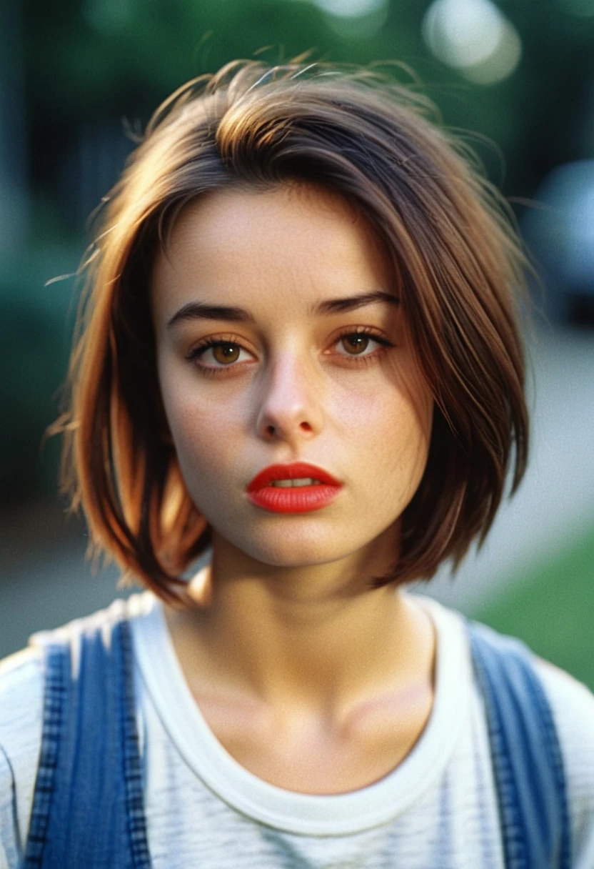 cinematic, ultra detailed, portrait, Dani3ll4Rush, Daniella Rush, <lora:Dani3ll4Rush-sdxl:1>, 1girl, youngish, solo, realistic, bobbed hair, boyfriend shirt, shirt over tanktop, lips, looking at viewer, bokeh, focus, film, portra, artistic, best quality, photograph, focus, face focused, analog, photography, warm, detailed, movie still,