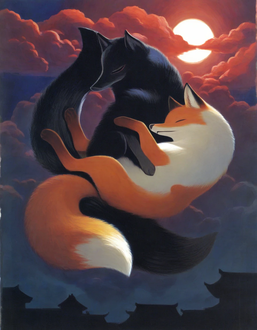 traditional japanese art, fox, feral, duo, mystical, romantic, night, moon, floating on clouds, yakuza, partially illuminated, japanese village, pastel, black fur, white fur, yin yang, mid air, floating, cuddling, white cloud, red cloud, (masterpiece:1.1), best quality, absurdres