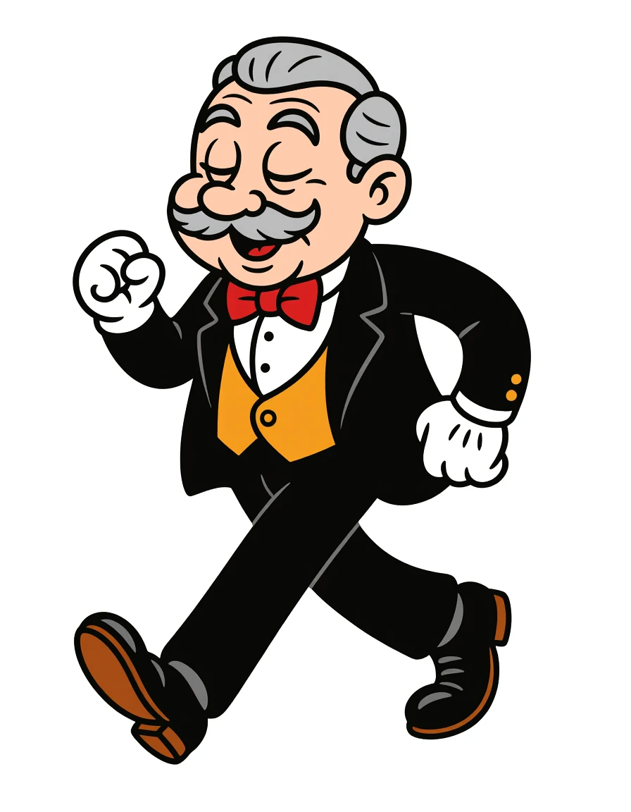 rubb3rh0se rubberhose cartoon serious old man dressed in sunday best, she has his eyes closed as he struts, playful fun design plain white background