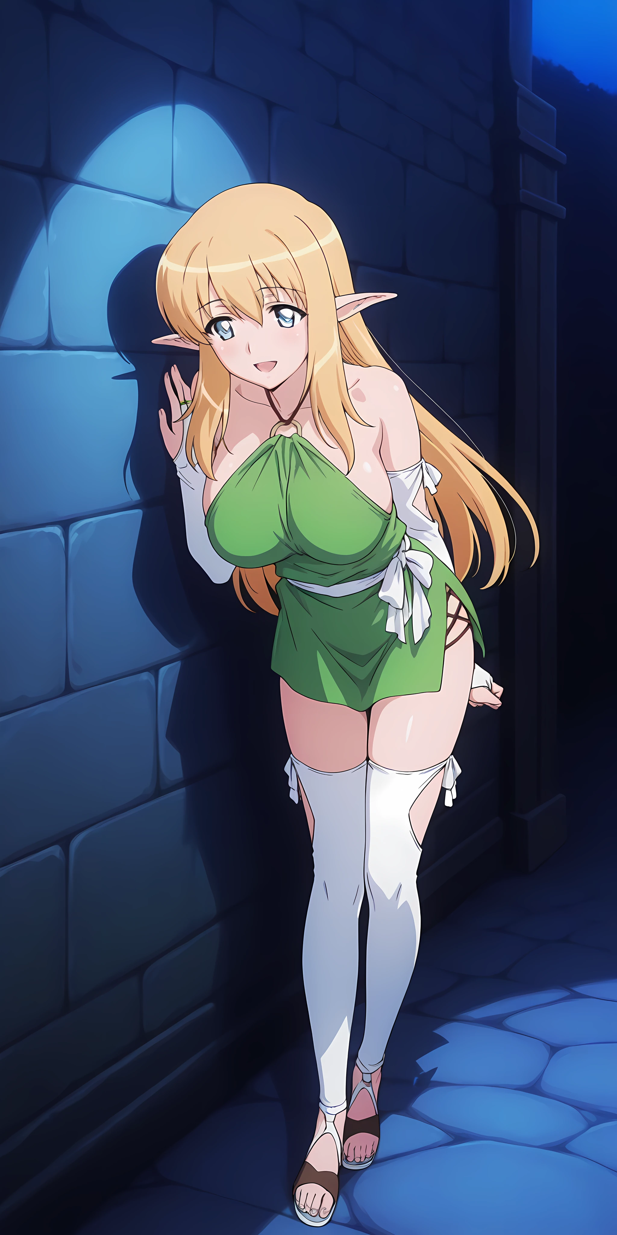 1990s (style), 1980s (style), retro artstyle, One girl, long_hair, blonde, dark_skin, green_eyes, blue_dress, lift_skirt, , gloves, NSFW, medieval, standing, outside, grass, night_sky, diadem