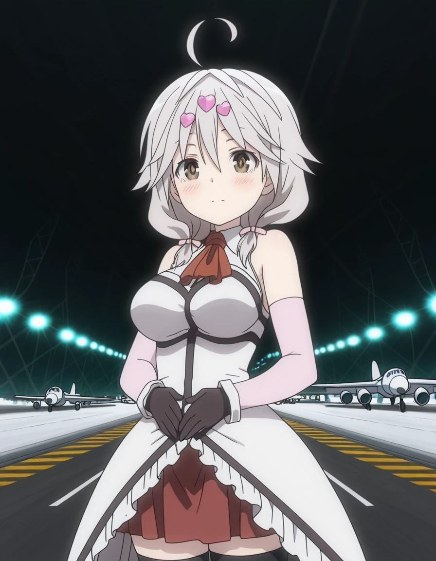 masterpiece, best quality, amazing quality,, <lora:yui-kurata-s1-illustriousxl-lora-nochekaiser:1>, yui kurata, hair ornament, bow, twintails, ahoge, heart, low twintails, short twintails, heart hair ornament, mature female, breasts, anime screencap, skirt, thighhighs, gloves, bare shoulders, elbow gloves, zettai ryouiki, ascot, white dress, red skirt,, hands on stomach, blush,, runway, planes, lights, takeoff, landing, cowboy shot, solo, looking at viewer