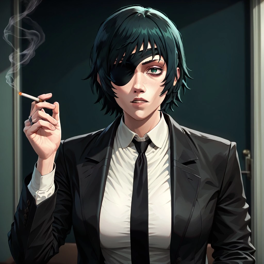 masterpiece, best quality, newest, absurdres, highres, P3DV1.0, 1girl, himeno_(chainsaw_man), eyepatch, short hair, green hair, suti, necktie,
cigarette, holding cigarette.
