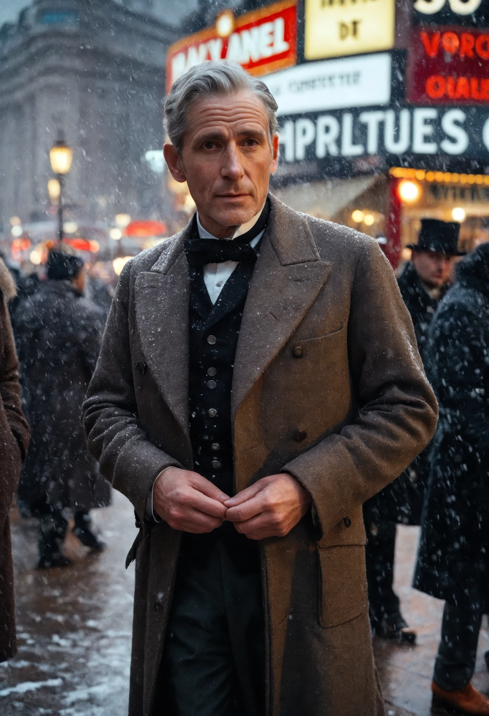 highly detailed HDR photograph of an awkwardly handsome old man, round face, mesmerizing eyes, large sideburns, deep skin wrinkles and visible pores, (realistic skin texture), gray hair, stoic expression, dressed in 1843 winter formal suit with Chanel Métiers d'Art couture styling, warm overcoat, holly pinned to lapel, snow falling in 19th century Piccadilly Circus, London, cinematic lighting inspired by Brandon Woelfel, film grain, vivid yet realistic color tones, (Kodak Portra film aesthetic), hazy festive atmosphere, high contrast, delightful postcard composition, immersive scene, dynamic narrative mood, professional fashion photography, Tony Kelly and Casey Baugh influence