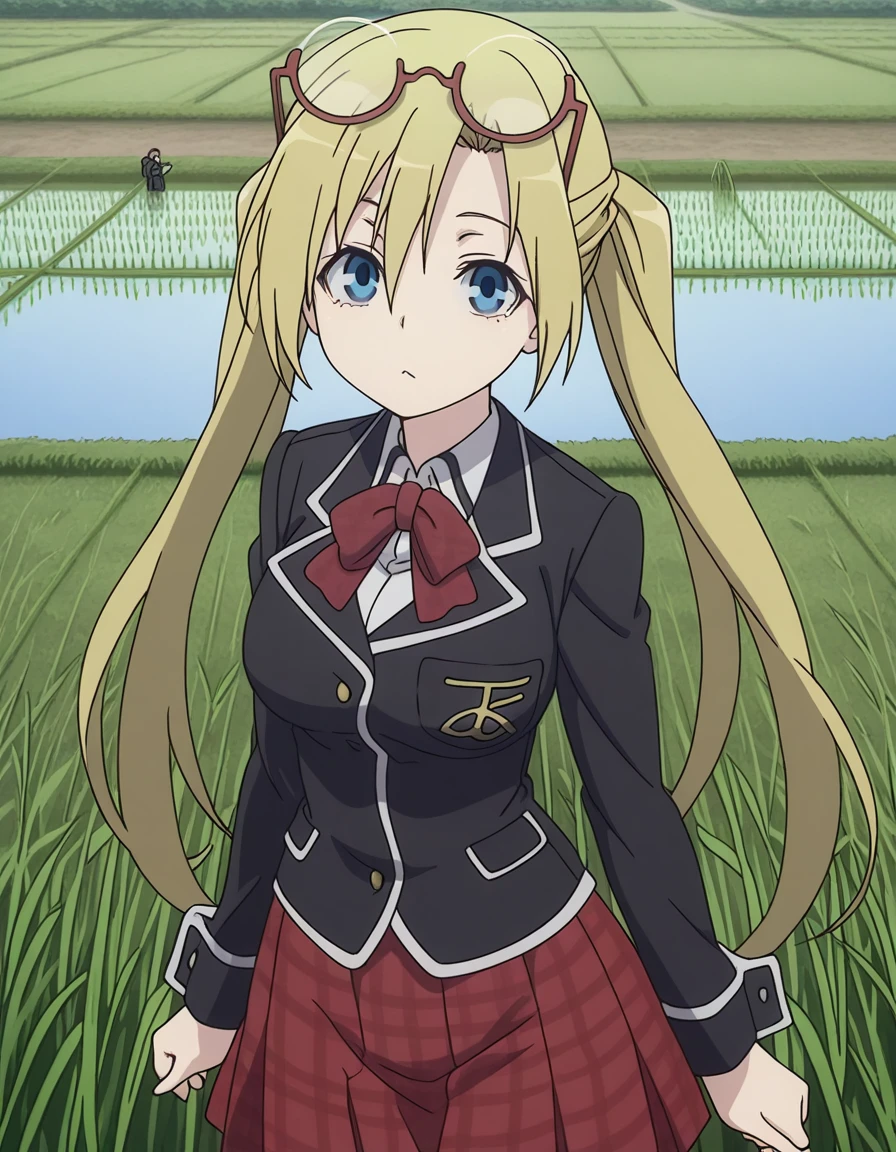 masterpiece, best quality, amazing quality,, <lora:selina-sherlock-s1-illustriousxl-lora-nochekaiser:1>, selina sherlock, long hair, blue eyes, blonde hair, twintails, glasses, eyewear on head, mature female, medium breasts, anime screencap, skirt, school uniform, blazer, black blazer, red bowtie, long sleeves, red skirt, pleated skirt, plaid skirt,, v,, rice paddy, water, green, farming, rows, cowboy shot, solo, looking at viewer