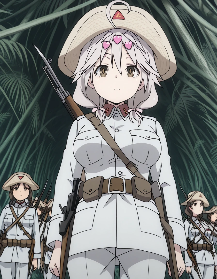 masterpiece, best quality, amazing quality,, <lora:yui-kurata-s1-illustriousxl-lora-nochekaiser:1>, yui kurata, hair ornament, bow, twintails, ahoge, heart, low twintails, short twintails, heart hair ornament, mature female, breasts, anime screencap, <lora:philippine-republic-soldier-illustriousxl-lora-nochekaiser:1>, philippine republic soldier, hat, standing, weapon, belt, uniform, pants, gun, military, military uniform, gun on back, rifle, bayonet, jungle, looking at viewer, straight-on, cowboy shot, solo, dutch angle, from below, from side,,
