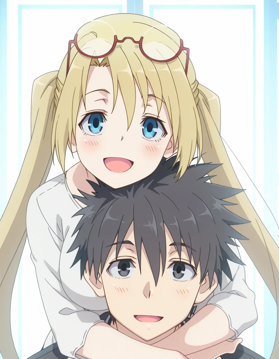 masterpiece, best quality, amazing quality,, <lora:selina-sherlock-s1-illustriousxl-lora-nochekaiser:1>, selina sherlock, long hair, blue eyes, blonde hair, twintails, glasses, eyewear on head, mature female, medium breasts, anime screencap, <lora:straigth-on-hug-from-behind-illustriousxl-lora-nochekaiser:1>, straight-on hug from behind, straight-on, hug from behind, head on another's shoulder, looking at viewer, blush, smile, open mouth, arm around neck, hetero, <lora:touma-kamijou-illustriousxl-lora-nochekaiser:1>, touma kamijou, short hair, bangs, black hair, 1boy, black eyes, spiked hair,