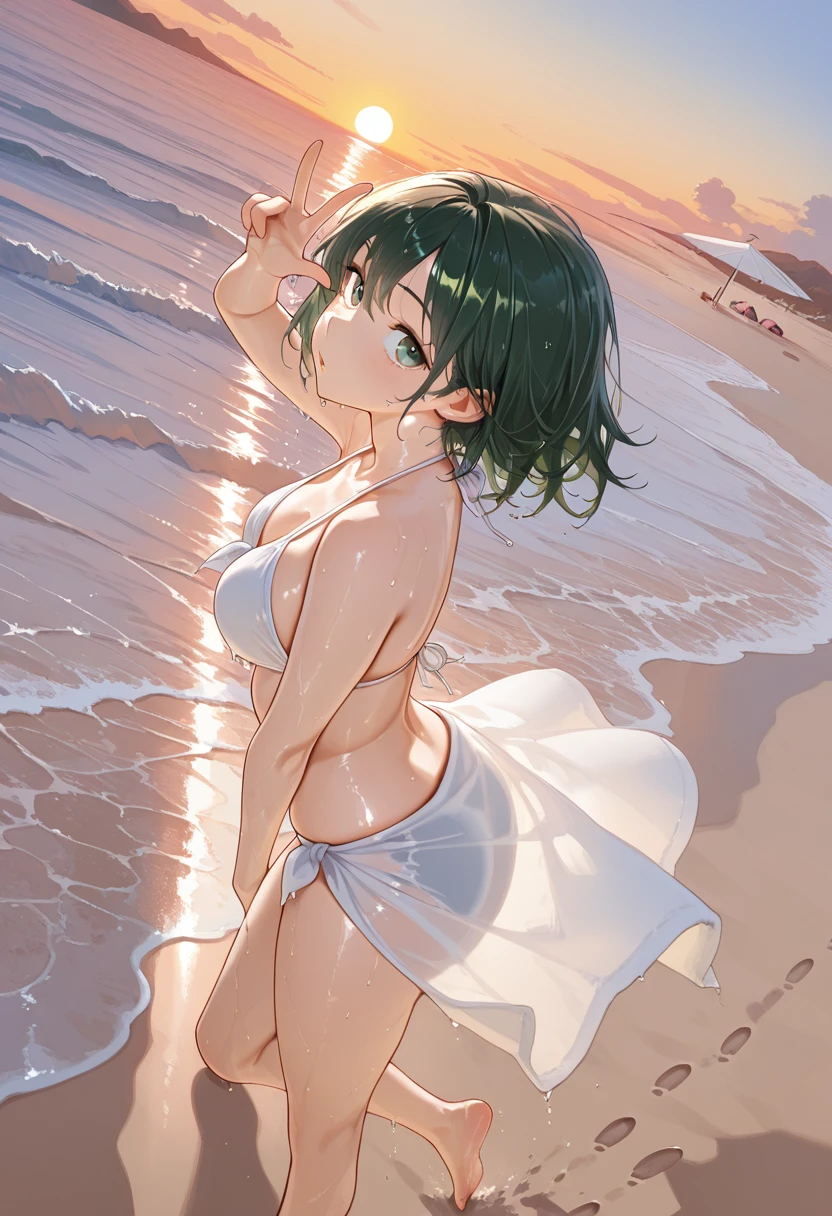 ((best quality)), ((masterpiece)), (detailed), perfect face, ((green skin)), pointy ears, very shy, tiny breasts, wearing sunglasses, short dark hair, wearing a towel, covering up, embarrassed, scared, on the beach, wrapped in a towel, being shy