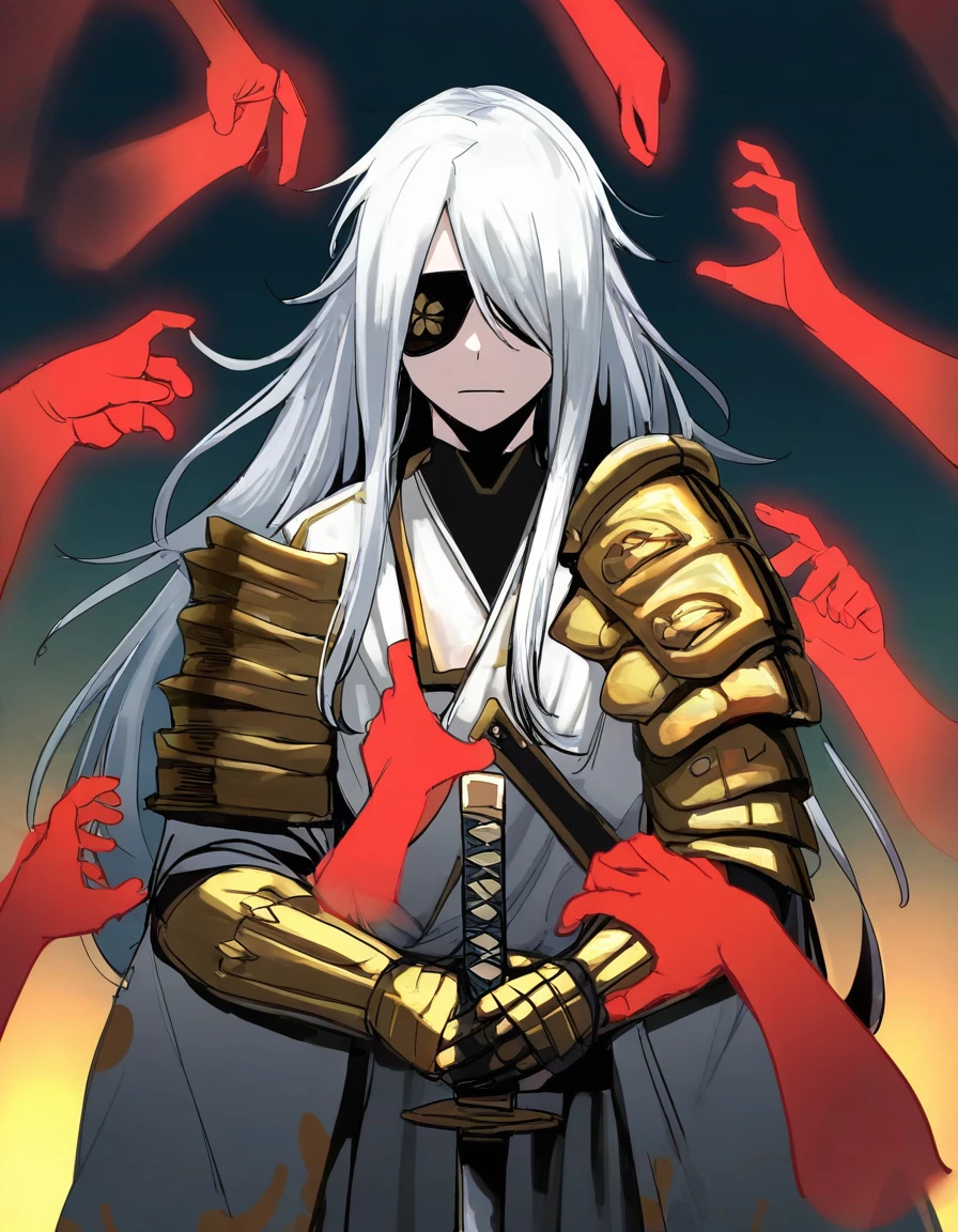 1boy, white hair, long hair, eyepatch, white kimono, gold accents on the kimono, armor, holding sword, holding nothing in the other hand, (masterpiece:1.1), best quality, absurdres, HDR, 8k, high contrast, amazing quality, (film grain, bleach:0.6, arknights:0.5, samurai_champloo:0.4, bhp:0.9, yoako:0.1, gritty:0.65), very aesthetic