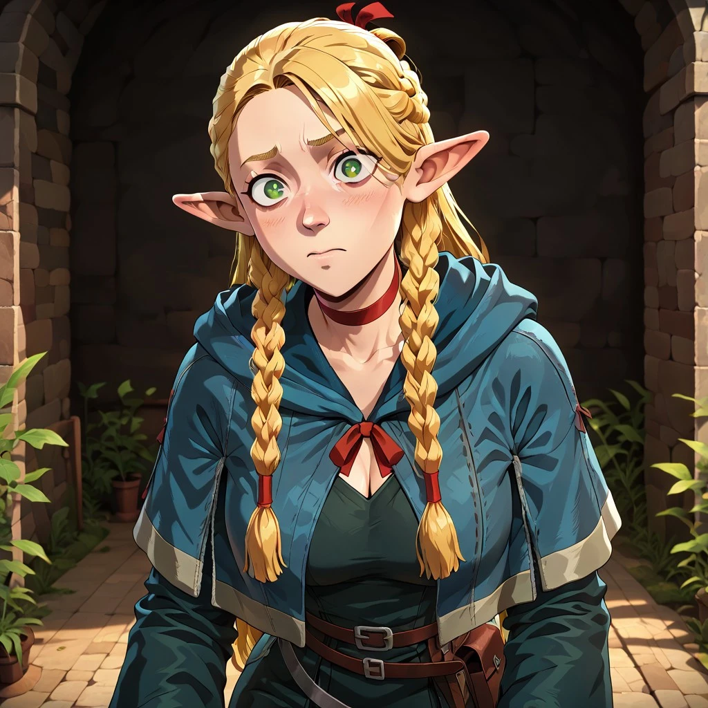 masterpiece, best quality, newest, absurdres, highres, P3DV1.0, 1girl, marcille_donato \(dungeon_meshi\), elf, pointy ears, green eyes, blonde,