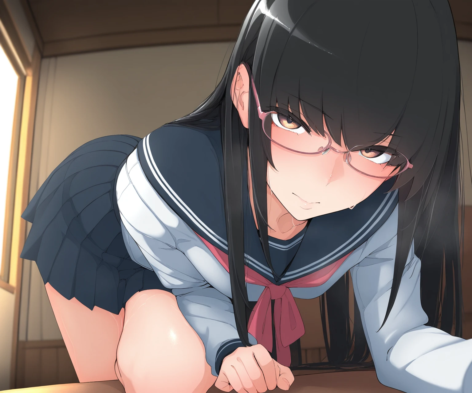 (NSFW:1.2), Uncensored, masutepiece, extremely fine and beautiful, , Anime style, Very cute girl, Sex with multiple men, A girl is grabbed by a guy's chest, Lying down, Be undress, From below, School uniform, Medium Hair, Black hair, Braided hair from left and right to back, Blue eyes, Open , Inserted, a person々Crowd of, Bukkake