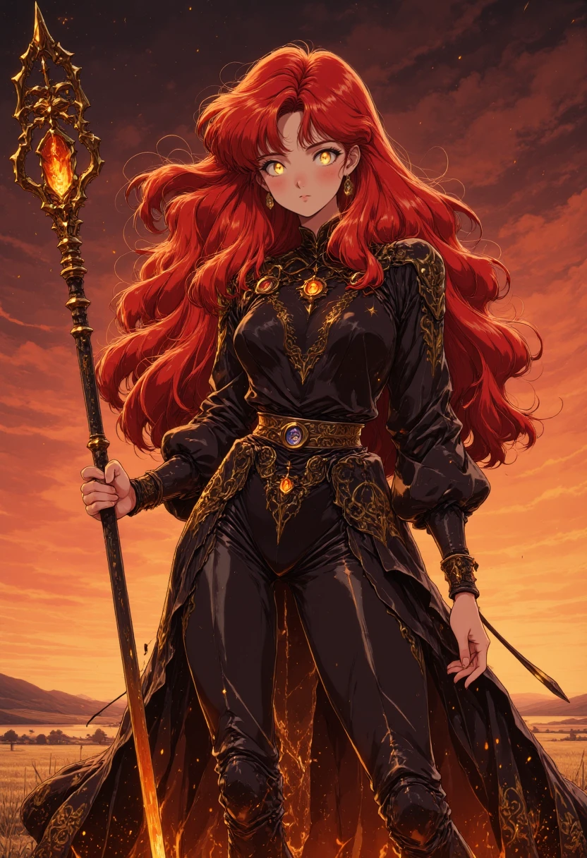 pinkretroanime,  A woman standing in a burning wasteland, her staff emanating black flames and her eyes glowing with infernal power.