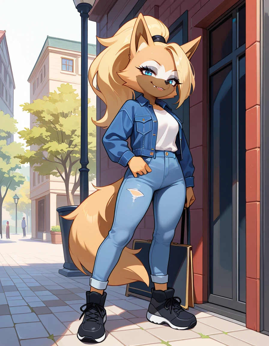 masterpiece, best quality, very aesthetic, absurdres,
outdoors, casual,
full body, standing, posing,
seductive smile, parted lips, long eyelashes,
<lora:Whisper_the_Wolf_v01_NAIXL:1>,
Wh15p3r,1girl,solo,furry,furry female,wolf girl,long hair,blonde hair,wolf ears,ponytail,blue eyes,makeup,anout,animal nose,fangs,body fur,two-tone fur,orange fur,brown fur,wolf tail,