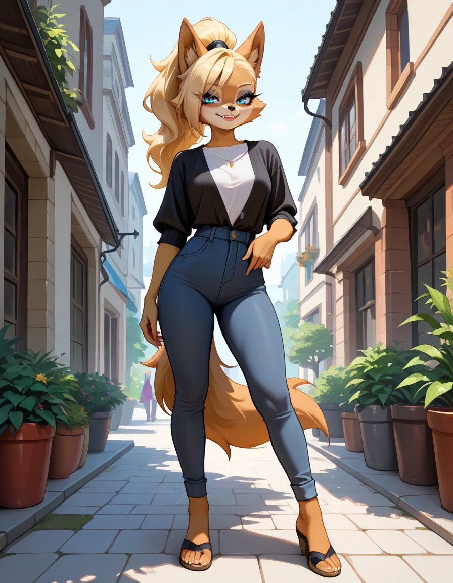 masterpiece, best quality, very aesthetic, absurdres,
outdoors, casual,
full body, standing, posing,
seductive smile, parted lips, long eyelashes,
<lora:Whisper_the_Wolf_v01_NAIXL:1>,
Wh15p3r,1girl,solo,furry,furry female,wolf girl,long hair,blonde hair,wolf ears,ponytail,blue eyes,makeup,anout,animal nose,fangs,body fur,two-tone fur,orange fur,brown fur,wolf tail,