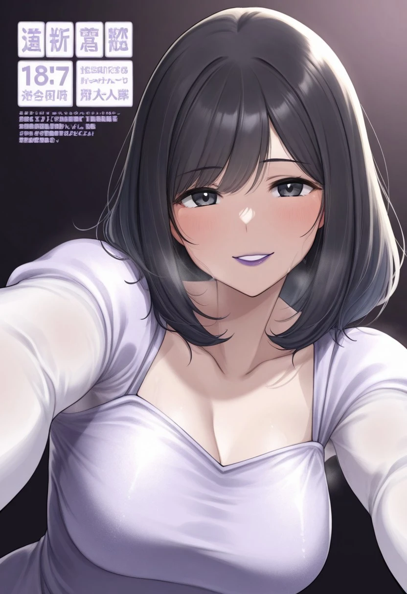 masterpiece, best quality, absurdres, highres, high quality, highly detailed dynamic angle, foreshortening, 1girl, solo, medium build, medium hair, good lighting, sfw, safe for work, covered skin, flowy dress, black eyes, purple lipgloss, smiling, portrait, upper body, doujin cover, ryouten,