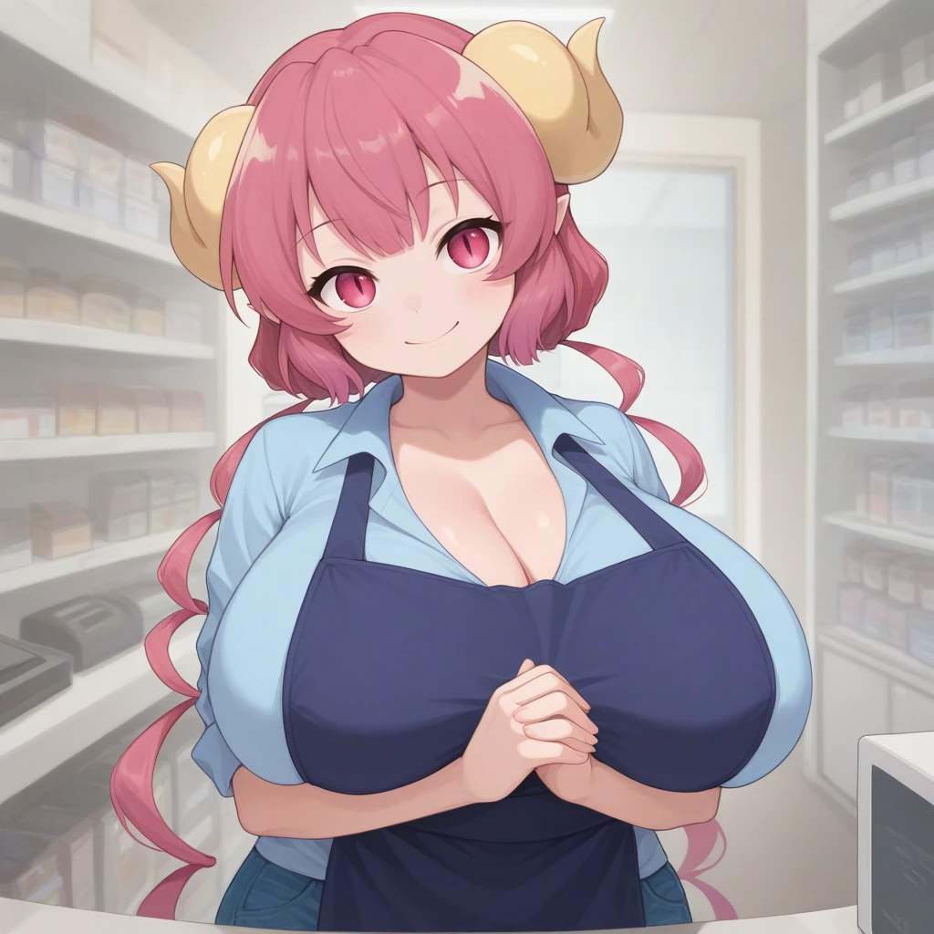((1 woman)),((fil tental panties))),((huge breasts,bare breasts,chest piercing)),((very long pink hair)),((pink eyes,happy face,drooling,blush )),((standing, in a display case with rubber penises, in a dilto store)),((1 arm holding a bag of dilto)),