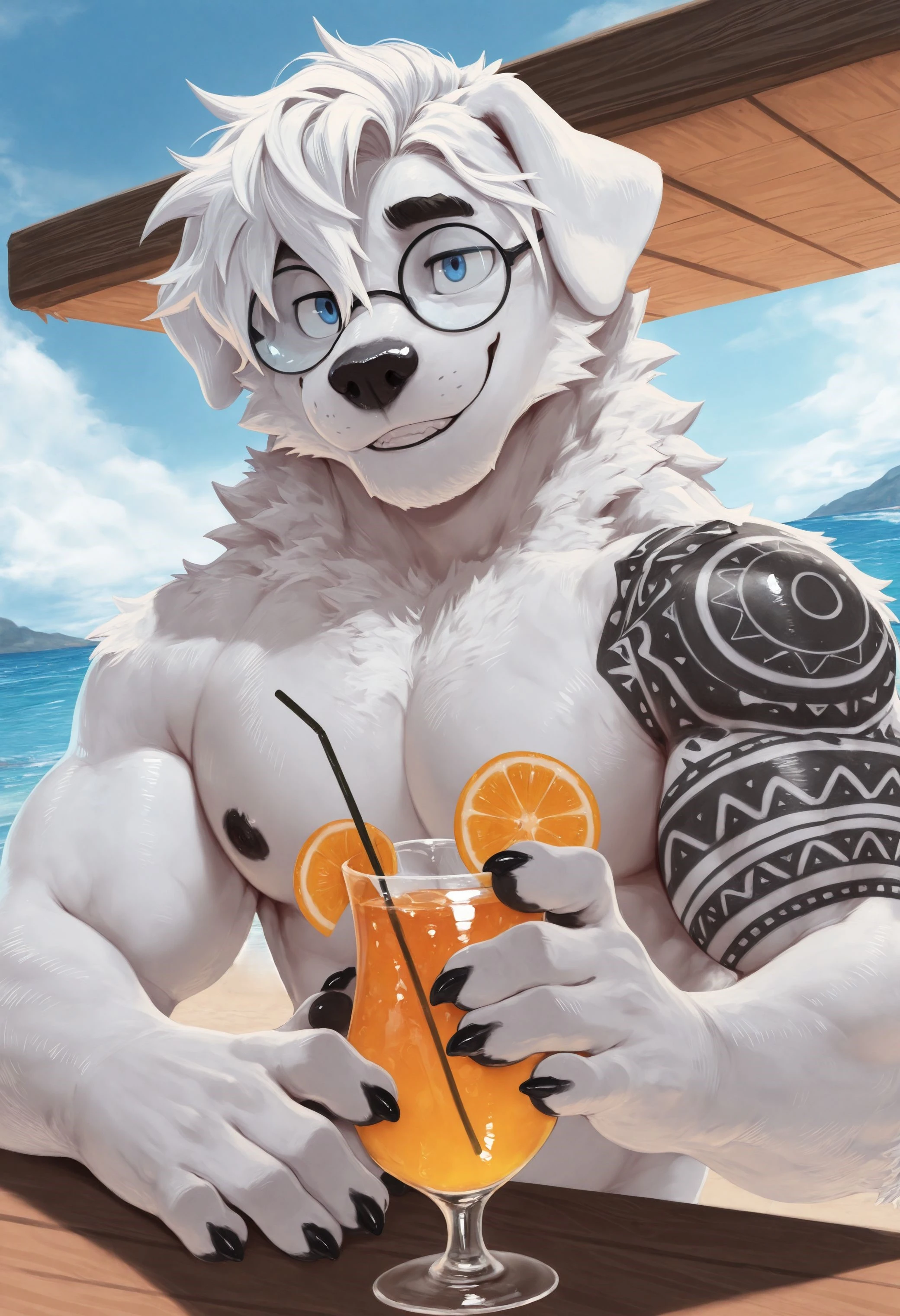 best quality, amazing quality, very aesthetic, absurdres, newest, by bakeboy, furry, furry male, solo, 1boy, bara, dog, blue eyes, short white hair, round glasses, holding cocktail, topless, tattoo on left arm, smile, claws, seaside, beach bar, looking at viewer, upper body, dutch angle, <lora:Bakeboy_style_Illustrious:1>