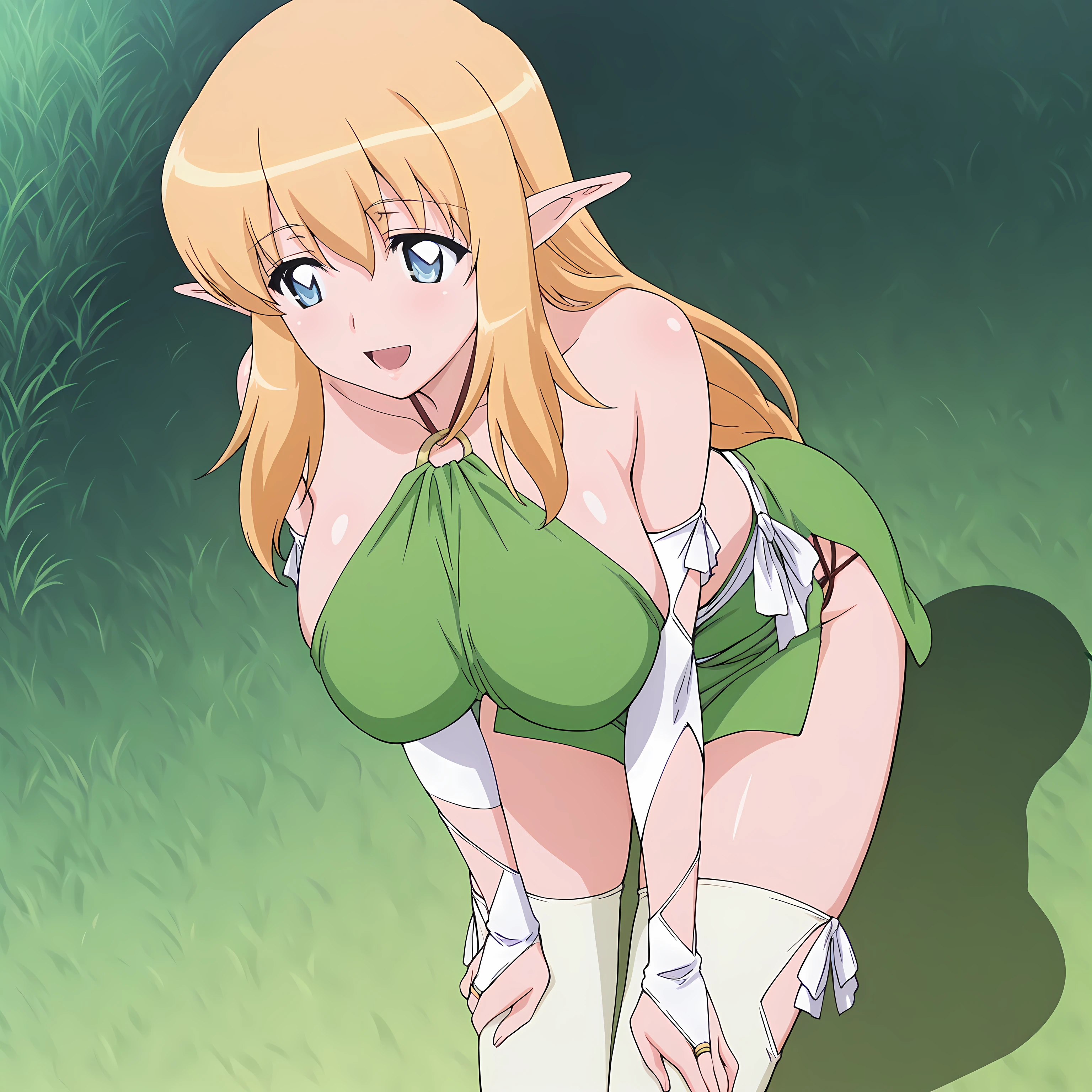 asuna,sao, crown half up hairstyle,, leafa, sword art online, blonde hair, hair between eyesbraid, ponytail, long hair, green eyes, pointy ears, green dress, fairy wings, upper body, Girls' Front, sweat, Perfect female body, woman, 20 years old, heart-shaped pupils, tongue out, huge breasts, absurdres, highres,ahegao