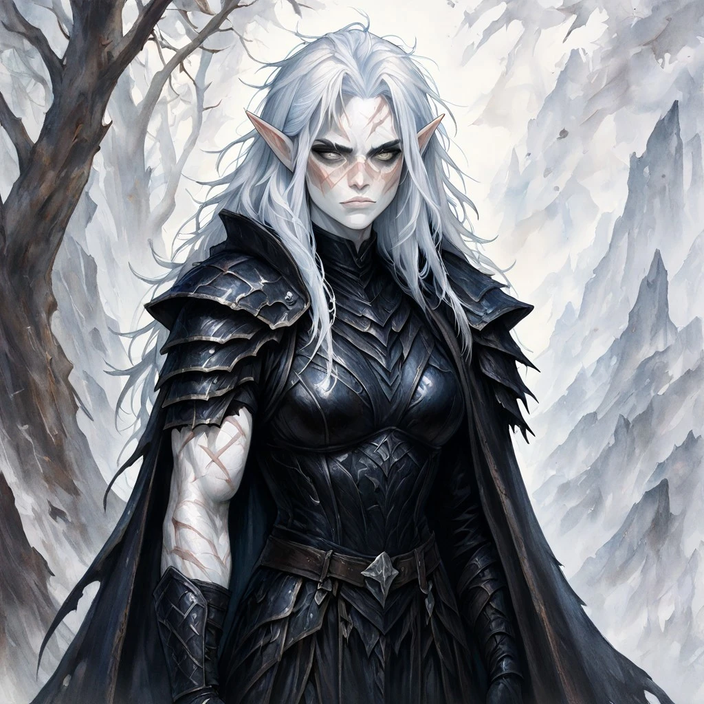 masterpiece, best quality, newest, absurdres, highres, VWCPV1.0, watercolor (medium),
1girl, pale, white skin, colored skin, pale skin, elf, pointy ears, muscular woman, armor, cape, leather armor, scar, scars on face, white hair, long hair, messy hair, black armor, black leather,