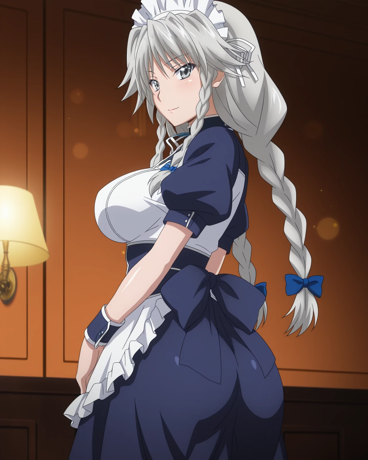anime screencap,masterpiece,best quality,
8K quality,cinematic lighting,bokeh,HDR,high contrast,amazing quality,very aesthetic,high resolution,ultra-detailed,absurdres,
shiny skin,
BREAK
indoors,
BREAK
grayfia lucifugedxd,
1girl,solo,grey hair,twin braids,long hair,grey eyes,large breasts,
skirt,dress,ribbon,braid,short sleeves,hair bow,frills,frilled apron,puffy sleeves,blue ribbon,apron,puffy short sleeves,blue skirt,wrist cuffs,maid,white apron,maid headdress,neck ribbon,blue bow,maid apron,waist apron,
smile,standing,bouncing ass,ass,
<lora:Grayfia_Lucifuge_IL_High_School_DxD:1>,
from_back,looking_back,