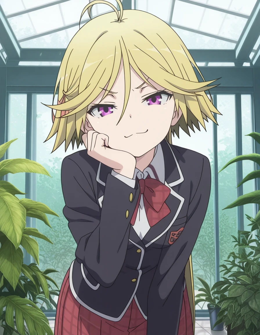 masterpiece, best quality, amazing quality,, <lora:mira-yamana-s1-illustriousxl-lora-nochekaiser:1>, mira yamana, short hair, blonde hair, purple eyes, ahoge, antenna hair, mature female, small breasts, anime screencap, skirt, school uniform, blazer, black blazer, red bowtie, long sleeves, red skirt, pleated skirt, plaid skirt,, head rest, smug, conservatory, plants, glass_roof, sunlight, greenery, cowboy shot, solo, looking at viewer