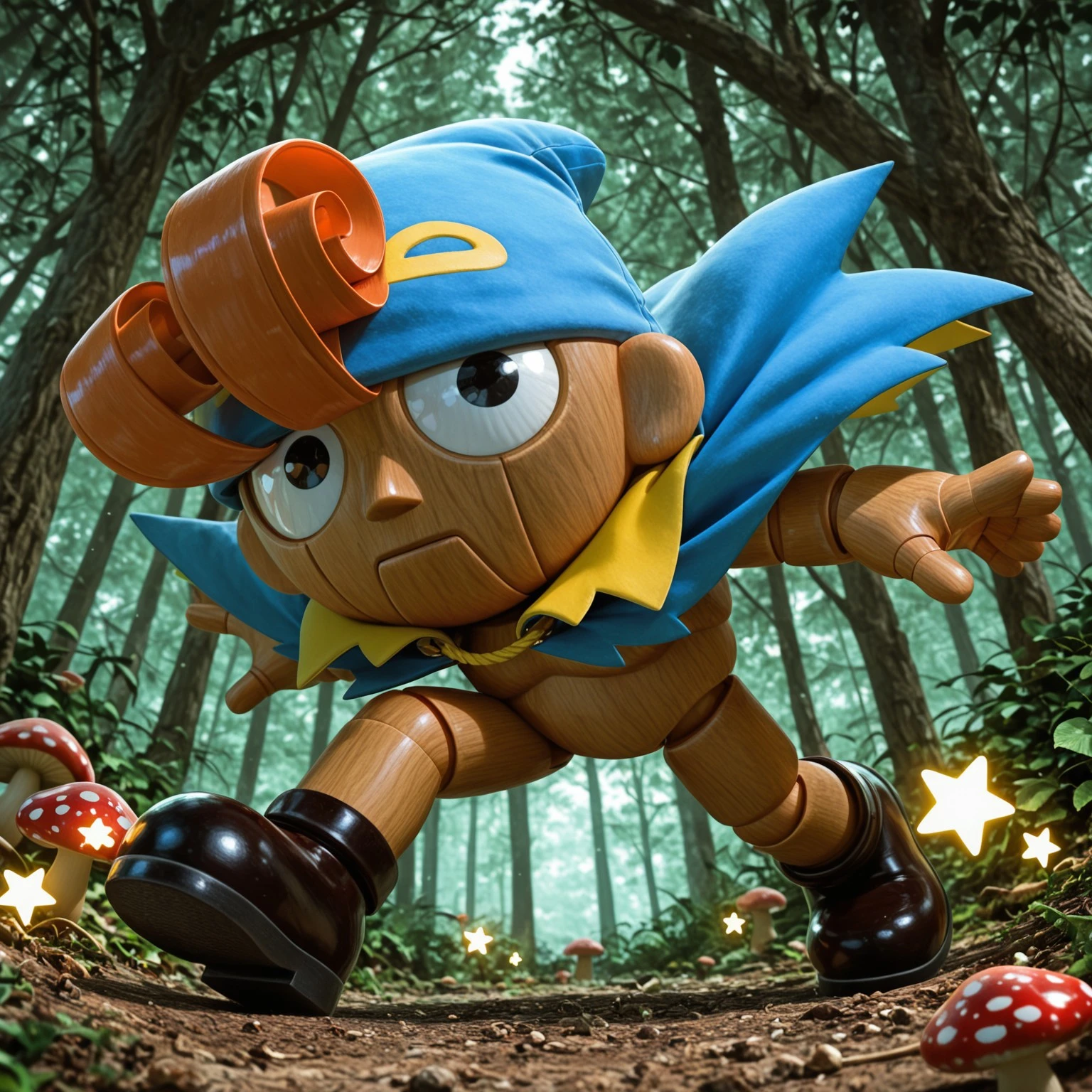 masterpiece,best quality,absurdres,newest,perfect quality,best quality,absolutely eye-catching,detailed background,intricate details,realistic,genomario,1boy,solo,full body,puppet,blue cape,blue hat,joints,doll joints,dark skin,black eyes,orange hair,shoes,looking at viewer,
BREAK,
(extreme perspective,dynamic composition,dynamic pose:1.2),forest,star (symbol),mushroom
