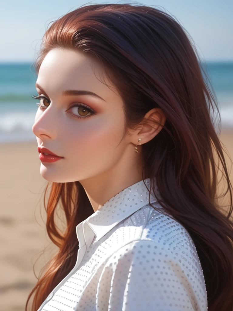 ((beachside, shoreline, beach)), profile, side view, score_9, score_8_up, score_7_up, detailed, cinematic, focus, bokeh, (portrait), face focused, Dani3ll4Rush, Daniella Rush, <lora:Dani3ll4Rush-pony:1>, bokeh, (portrait), face focused, 1girl, long hair, (looking at viewer), lipstick, mid shot, button shirt, ultra detailed, 8k, skin pores, grain, photograph, retro fashion, analog, film, nineties, sequins, nighttime