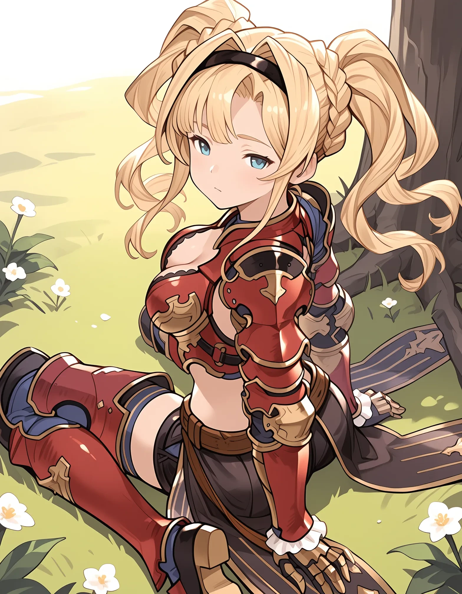 safe,best quality,very aesthetic,absurdres,newest,masterpiece,1girl,solo,highres,relief,,,wariza ,sitting, wariza, looking at viewer, from above, full body,,from behind ,half-closed eyes,outdoors, ,<lora:il-grabluzeta:0.91>,zeta \(granblue fantasy\),granblue fantasy,blonde hair,long hair,twintails,parted bangs,hair intakes,black hairband,braid,blue eyes,medium breasts,armor,red armor,gauntlets,cleavage,midriff,belt,showgirl skirt,shorts,thigh boots,armored boots,,