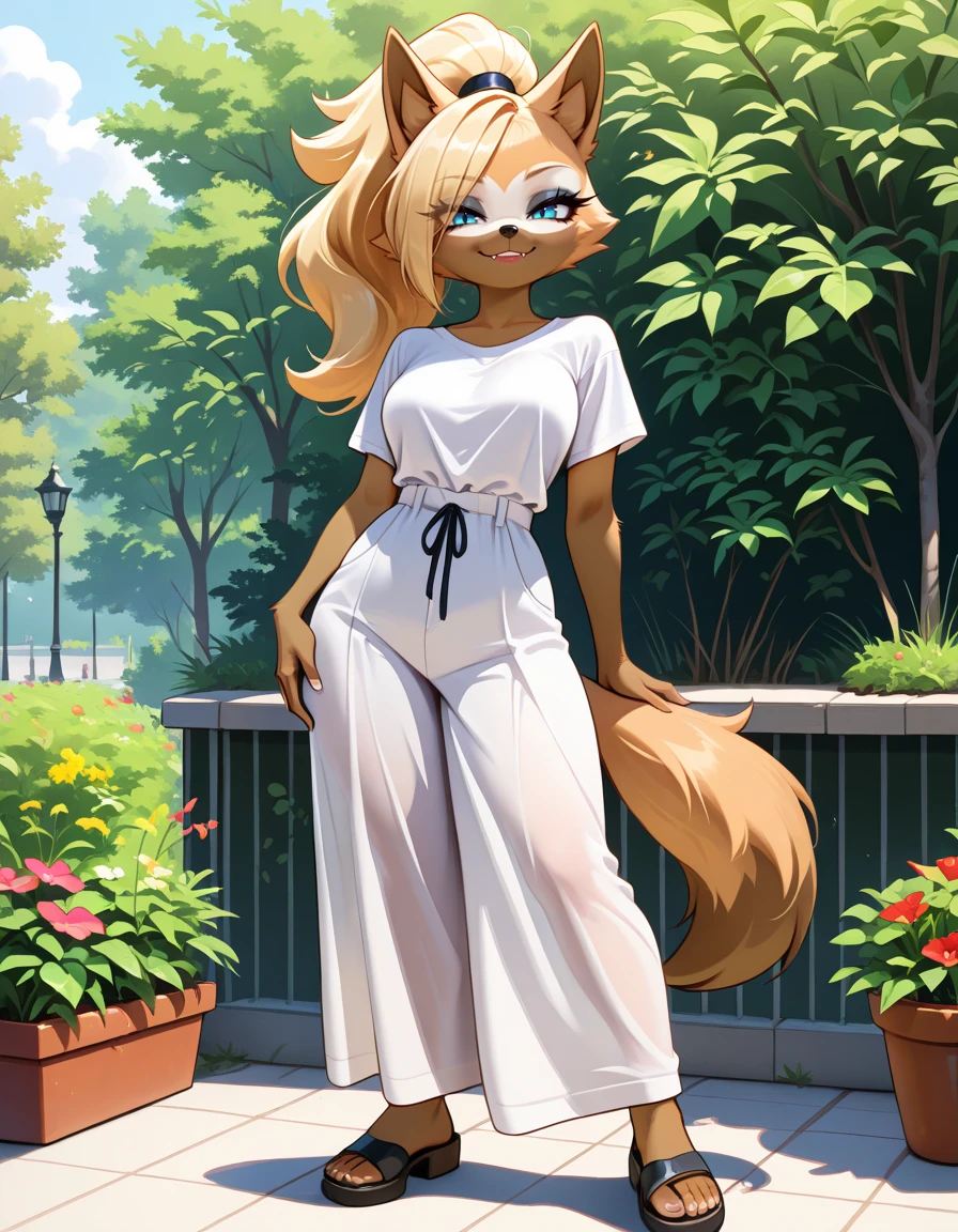 masterpiece, best quality, very aesthetic, absurdres,
outdoors, casual,
full body, standing, posing,
seductive smile, parted lips, long eyelashes,
<lora:Whisper_the_Wolf_v01_NAIXL:1>,
Wh15p3r,1girl,solo,furry,furry female,wolf girl,long hair,blonde hair,wolf ears,ponytail,blue eyes,makeup,anout,animal nose,fangs,body fur,two-tone fur,orange fur,brown fur,wolf tail,