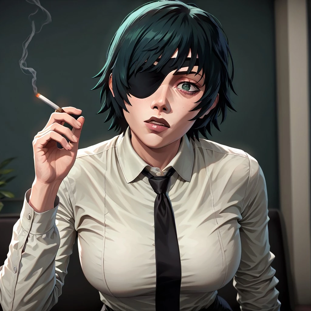 masterpiece, best quality, newest, absurdres, highres, P3DV1.0, 1girl, himeno_(chainsaw_man), eyepatch, short hair, green hair, suti, necktie,
cigarette, holding cigarette.