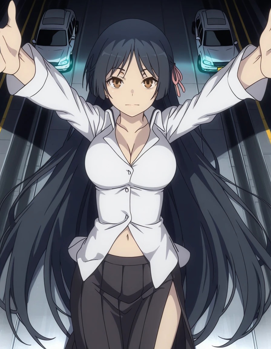 masterpiece, best quality, amazing quality,, <lora:akio-fudou-s1-illustriousxl-lora-nochekaiser:1>, akio fudou, long hair, black hair, brown eyes, very long hair, hair ribbon, half-updo, mature female, breasts, anime screencap, skirt, shirt, navel, cleavage, skirt, black skirt, long skirt, side slit, pleated skirt, on back, arm support, arms up, incoming hug, pov, reaching, reaching towards viewer,, highway, cars, lanes, fast, long, cowboy shot, solo, looking at viewer
