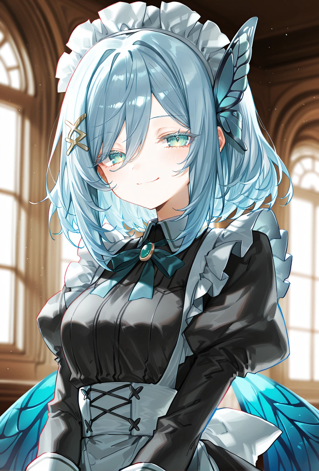 1girl, sensitive, (artist:sincos:0.4), (artist:deadflow:0.5), (artist:ao+beni:0.9), (artist:quasarcake:0.85), (artist:nanashi \(nlo\):0.1), (artist:tianliang duohe fangdongye:1), <lora:Vanya-05:1>, vanya, butterfly hair ornament, blue wings, butterfly wings, maid, smile, blush, looking at viewer, blurry background, masterpiece, best quality, amazing quality, very aesthetic, absurdres, newest, scenery, <lora:deal360acv illustrious 006:0.45>, <lora:dj_sloppa_ill_v2:0.2>, <lora:nyalia:0.35>