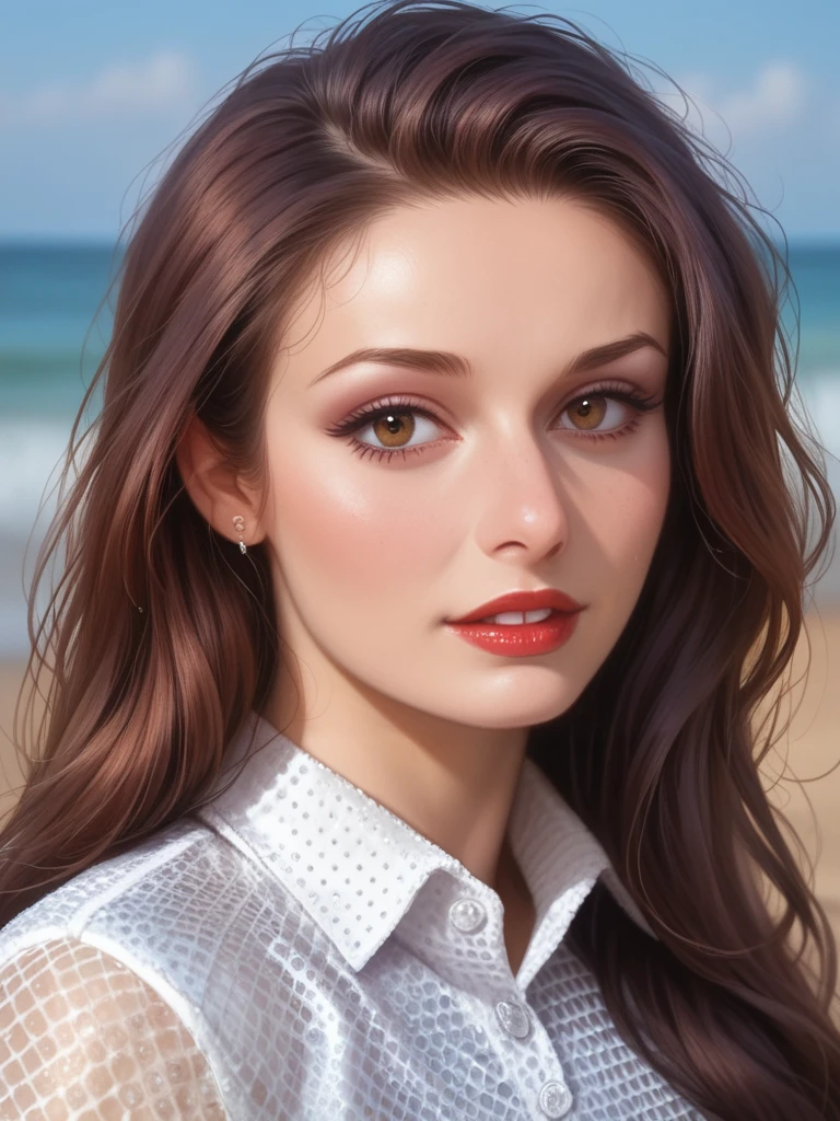 ((beachside, shoreline, beach)), score_9, score_8_up, score_7_up, detailed, cinematic, focus, bokeh, (portrait), face focused, Dani3ll4Rush, Daniella Rush, <lora:Dani3ll4Rush-pony:1>, bokeh, (portrait), face focused, 1girl, long hair, (looking at viewer), lipstick, mid shot, button shirt, ultra detailed, 8k, skin pores, grain, photograph, retro fashion, analog, film, nineties, sequins, nighttime