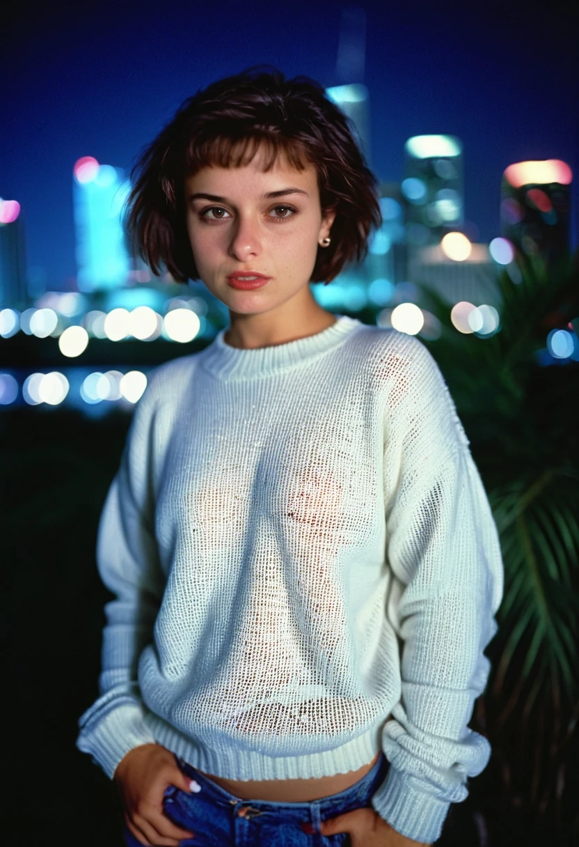 Dani3ll4Rush, Daniella Rush, <lora:Dani3ll4Rush-sdxl:1>, 1girl, sweater, solo, short hair, realistic, looking at viewer, bokeh, focus, film, velvia, artistic, best quality, photograph, city skyline, nighttime, bokeh, miami, detailed, tropical, vice, 1988