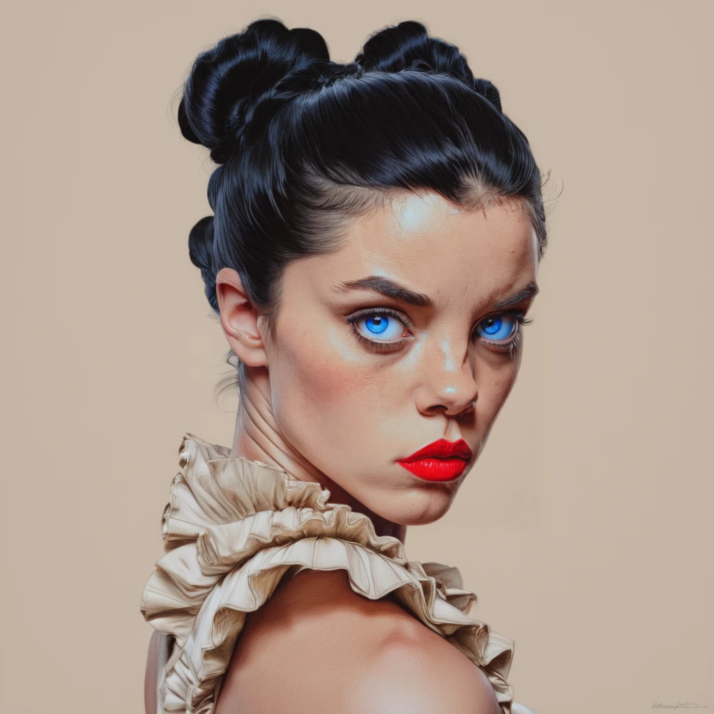 <lora:HyperdetailedRealismMJ7SDXL:1> ArsMJStyle, Colored pencil hyperdetailed realism,, The image is a digital illustration of a woman's face and head. The woman is wearing a beige dress with ruffles on the shoulders and her hair is styled in an updo with a high bun. She has blue eyes and red lipstick. Her expression is serious and her lips are slightly parted. Behind her there is a black panther's head which is facing the viewer. The background is a light beige color. The overall style of the illustration is bold and striking., 1girl, black hair, blue eyes, solo, looking at viewer, makeup, lipstick, realistic, simple background, lips