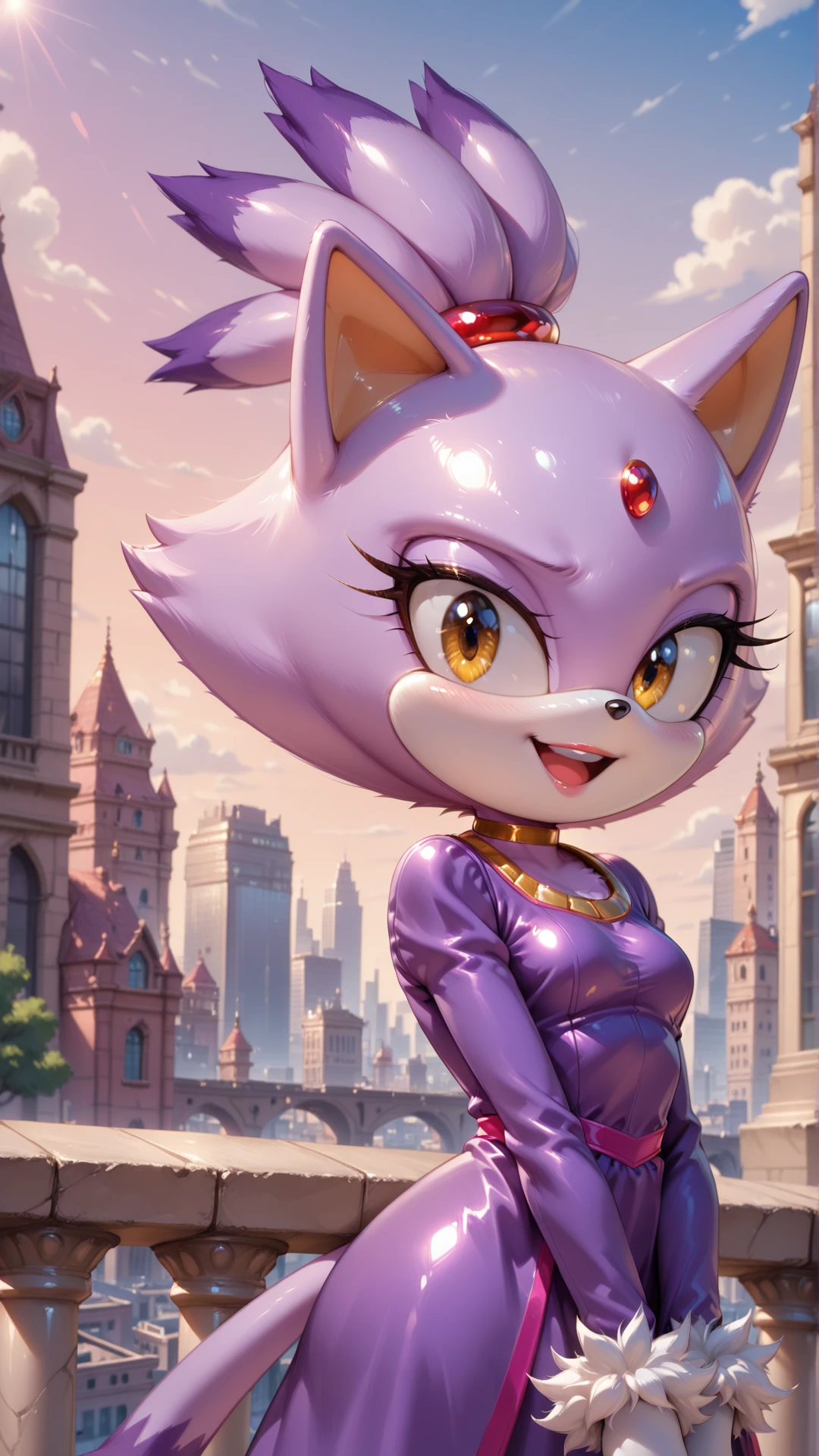 <lora:Princess_Peach_Shiny_Style_V4.0_Illustrious:0.6>,blaze the cat,1girl,solo,jewelry,breasts,big hair,choker,small breasts,:d,smile,open mouth,shiny,shiny skin,v arms,upper teeth only,voluminous hair,intricate hair,city,outdoors,looking at viewer,purple dress,sonic \(series\),furry female,