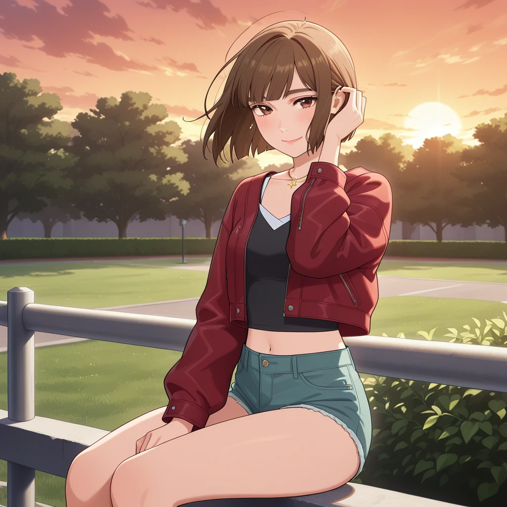 masterpiece, best quality, <lora:MFGhost Kyoko:1> kyoko kurihara, cropped jacket, undershirt, short shorts, cross necklace, sitting on railing, sunset, park, wind, looking at viewer, tucking hair, smile,