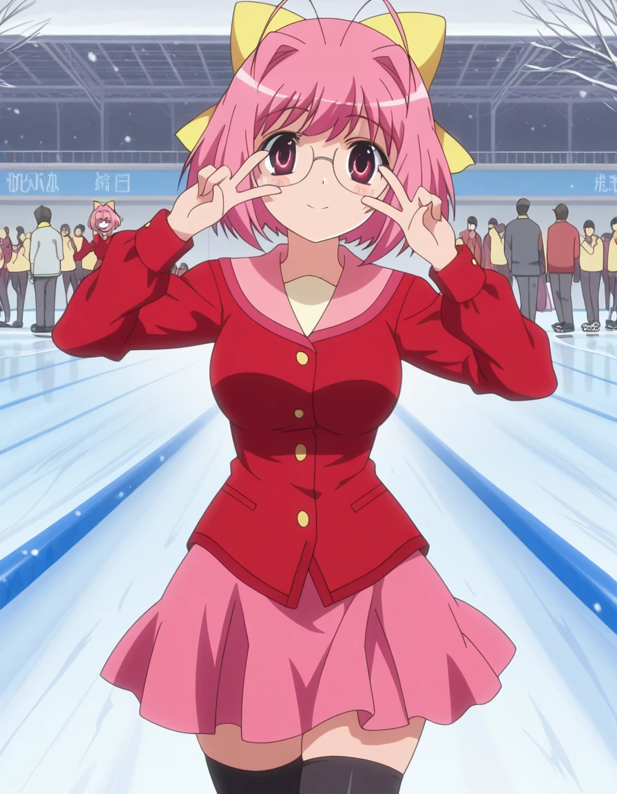 masterpiece, best quality, amazing quality,, <lora:kanon-nakagawa-s1s2-illustriousxl-lora-nochekaiser:1>, kanon nakagawa, nakagawa kanon, short hair, pink hair, hair bow, pink eyes, antenna hair, mature female, medium breasts, anime screencap, skirt, thighhighs, zettai ryouiki, school uniform, shirt, red shirt, pink skirt, long sleeves, pink sailor collar, red trim, ribbon, glasses,, v, v over eyes,, skating rink, ice, people, winter, fun, cowboy shot, solo, looking at viewer