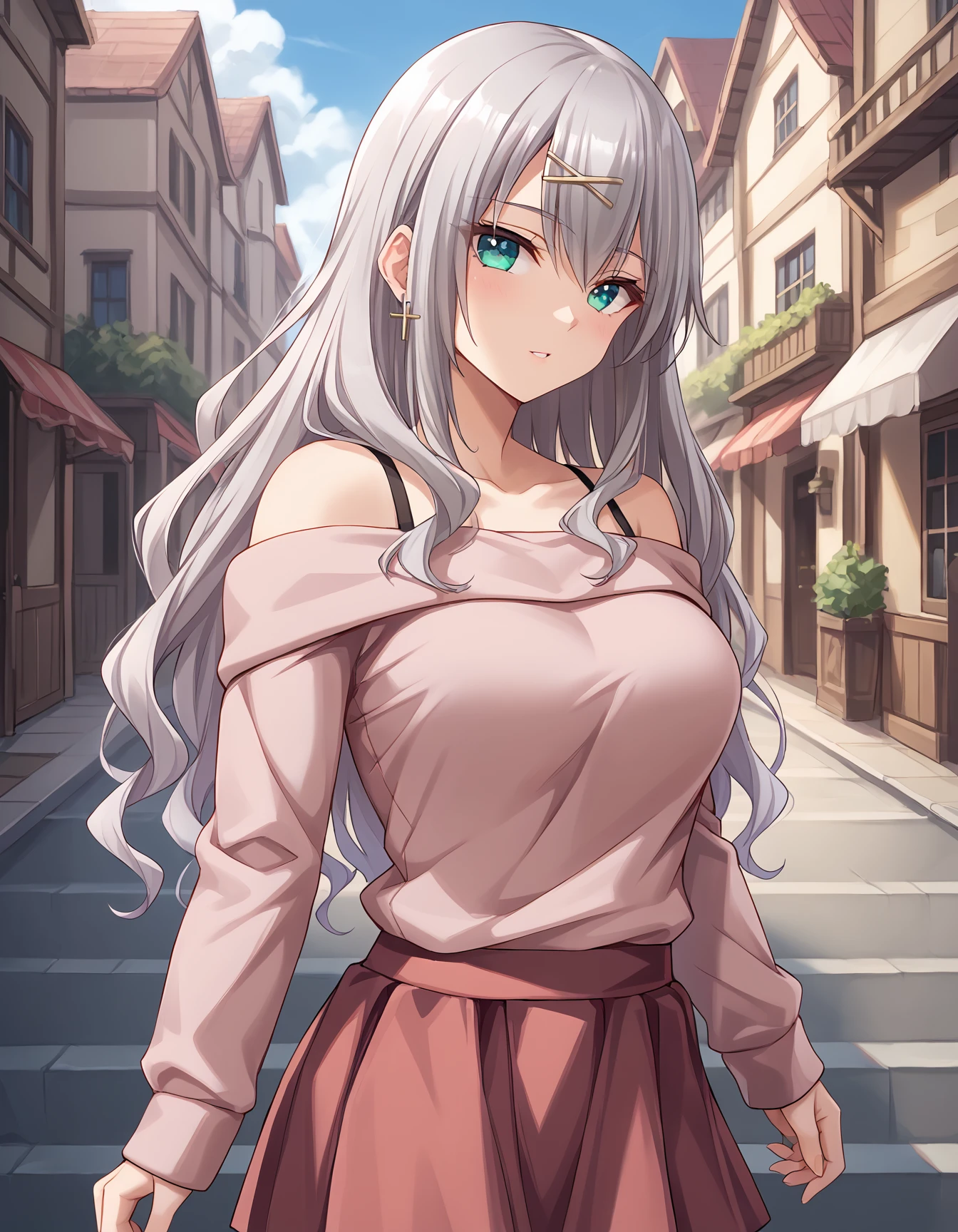 A girl with long white hair,shining grey eyes, slender and athletic built, average height,mature face, casual dress, detailed eyes, detailed body, 8k highres best quality.