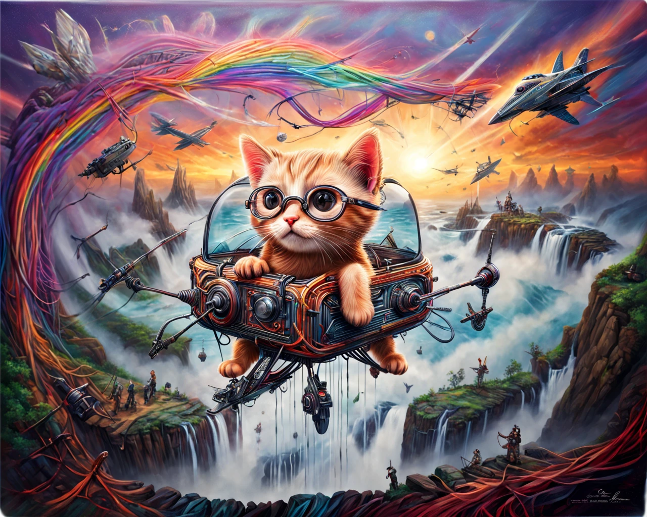 a kitten wearing aviator glasses flying a custom aircraft made from mad-cable over a majestic waterfall on an alien planet racing alien spaceships thru the air, art of 8weod, joyful happy