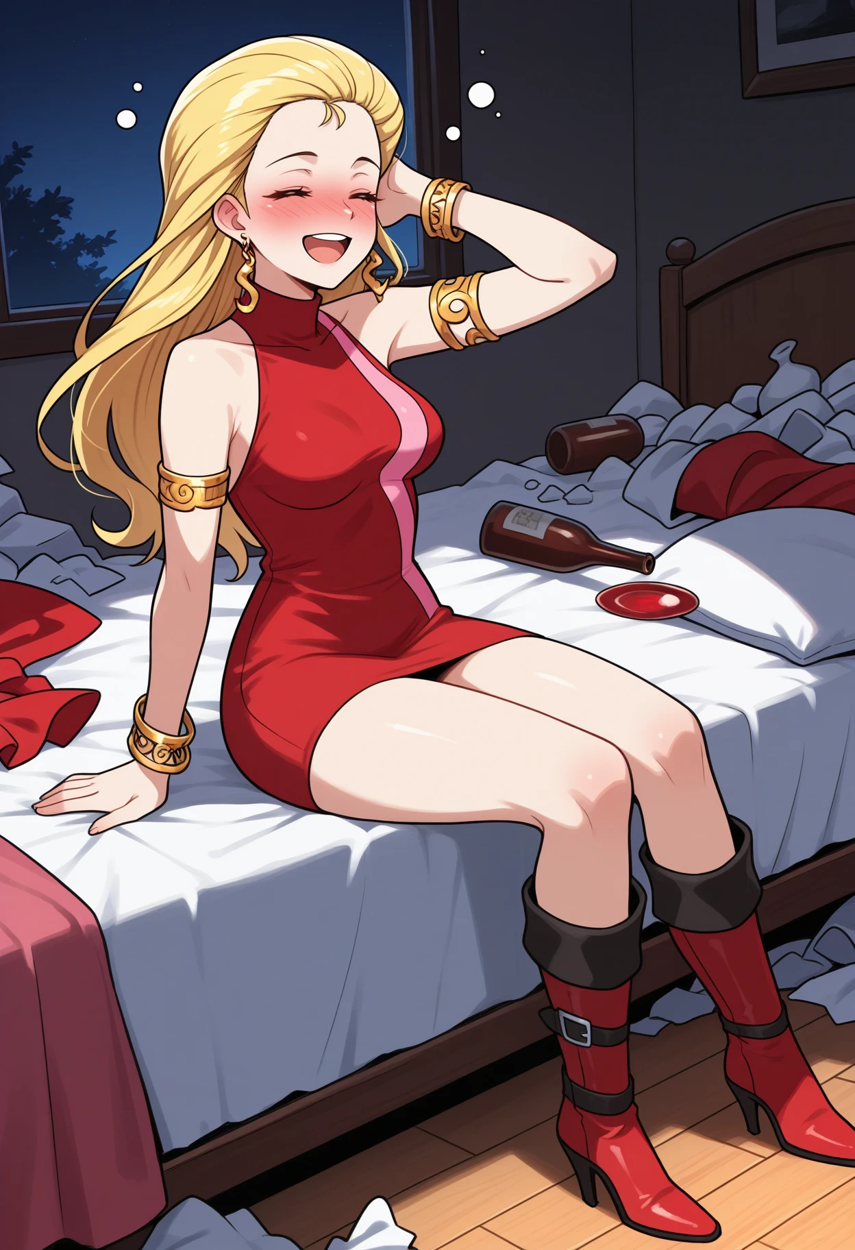 masterpiece, best quality, 1girl, sitting, drunk, nose blush, open mouth, smile, upper teeth only, <lora:BodyconianSMT-illu:1> bdc0n, blonde hair, hair slicked back, long hair, closed eyes, earrings, turtleneck dress, red dress, pink stripe, sleeveless, medium breasts, armlet, bangle, short dress, knee boots, high heel boots, red footwear, on bed, night, messy room, wooden floor