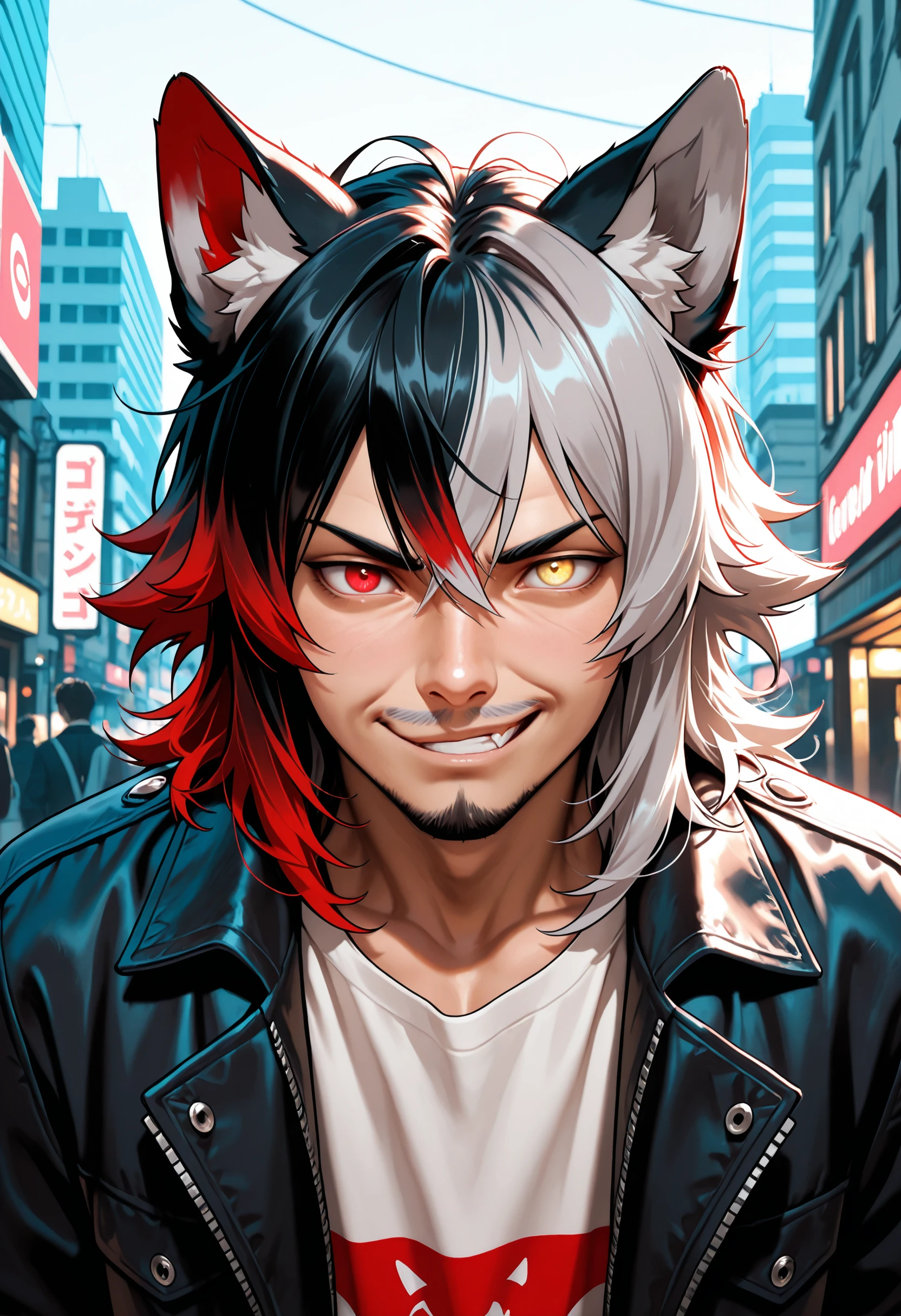 masterpiece, very aesthetic, absurdres, masterpiece, very aesthetic, absurdres, expressive eyes,  heterochromia, old, animal ears, solo, 1boy, male focus, wrinkled skin, red hair, multicolored hair, wolf ears, looking at viewer, jacket, shirt, gradient hair, yellow eyes, red eyes, grey hair, two-tone hair, black hair, messy hair, facial hair, medium hair, smirk, friendly expression, depth of field, outdoors, city view, cinematic angle, flat color, comic art style, cinematic lighting, looking at viewer, handsome, dynamic pose