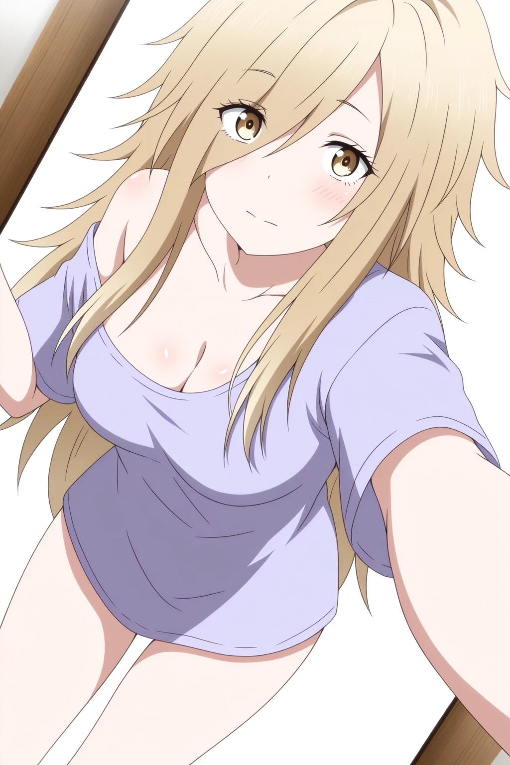 (anime art style:0.1), 2d, masterpiece, best quality, (very aesthetic:1.5), absurdres, dynamic shadows, atmosferic, (kitagawa marin), (1girl), ((blonde hair)), long hair, (red eyes), sparkle eyes, detailed eyes, eyelashes, ahoge, hair between eyes, bangs, medium breasts, cleavage, navel, (curvy body), big thighs, smile, off shoulder, bare arms, short sleeves, white bluse, pleated skirt, black miniskirt, black thighhighs, lace-trimmed thighhighs, white sneakers, ((cowboy shot)), looking at viewer, ((v)), wariza, ((hands on ground)), (from front), landscape, flowers, grass, sky, clouds, evening, sexy , breast slipping out of shirt,big
