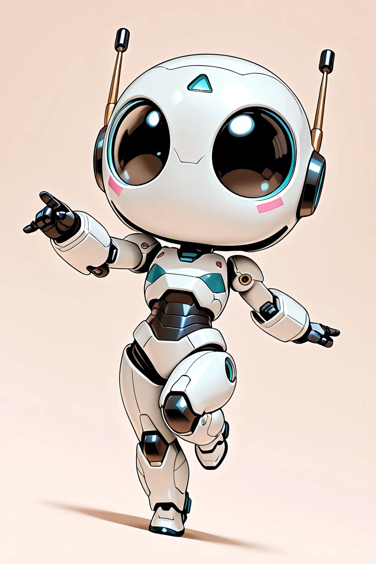 vibrant-semirealistic official style focus, robot, 1other, dancing, full body, chibi, simple background, cute, bloom, dynamic angle, dynamic action, dutch angle, masterpiece, best quality, amazing quality, very aesthetic, absurdres, newest, very awa