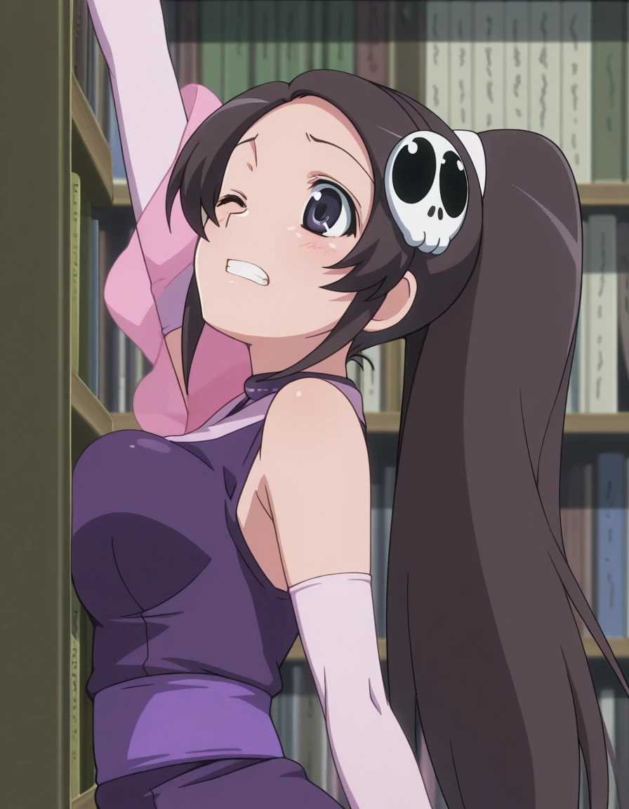 masterpiece, best quality, amazing quality,, <lora:elucia-de-lute-ima-s1s2-illustriousxl-lora-nochekaiser:1>, elucia de lute ima, elysia de lute ima, forehead, black hair, black eyes, hair ornament, skull hair ornament, ponytail, mature female, , anime screencap, <lora:reaching-overhead-illustriousxl-lora-nochekaiser:1> reaching overhead, reaching, from side, arm up, standing, standing on one leg, arm support, struggling, one eye closed, teeth, library, bookshelf, books,  press,