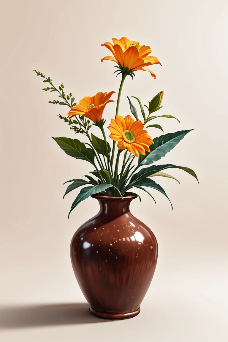 vibrant-semirealistic official style focus, object focus, still life, flower in vase, intricate vase, plant, simple background, dynamic angle, dynamic action, dutch angle, masterpiece, best quality, amazing quality, very aesthetic, absurdres, newest, very awa